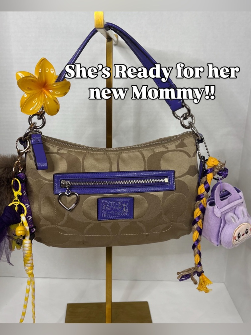 Y2K Coach Signature Poppy Hobo Bag W/ Purple Leather Trim Signature Logo Canvas
